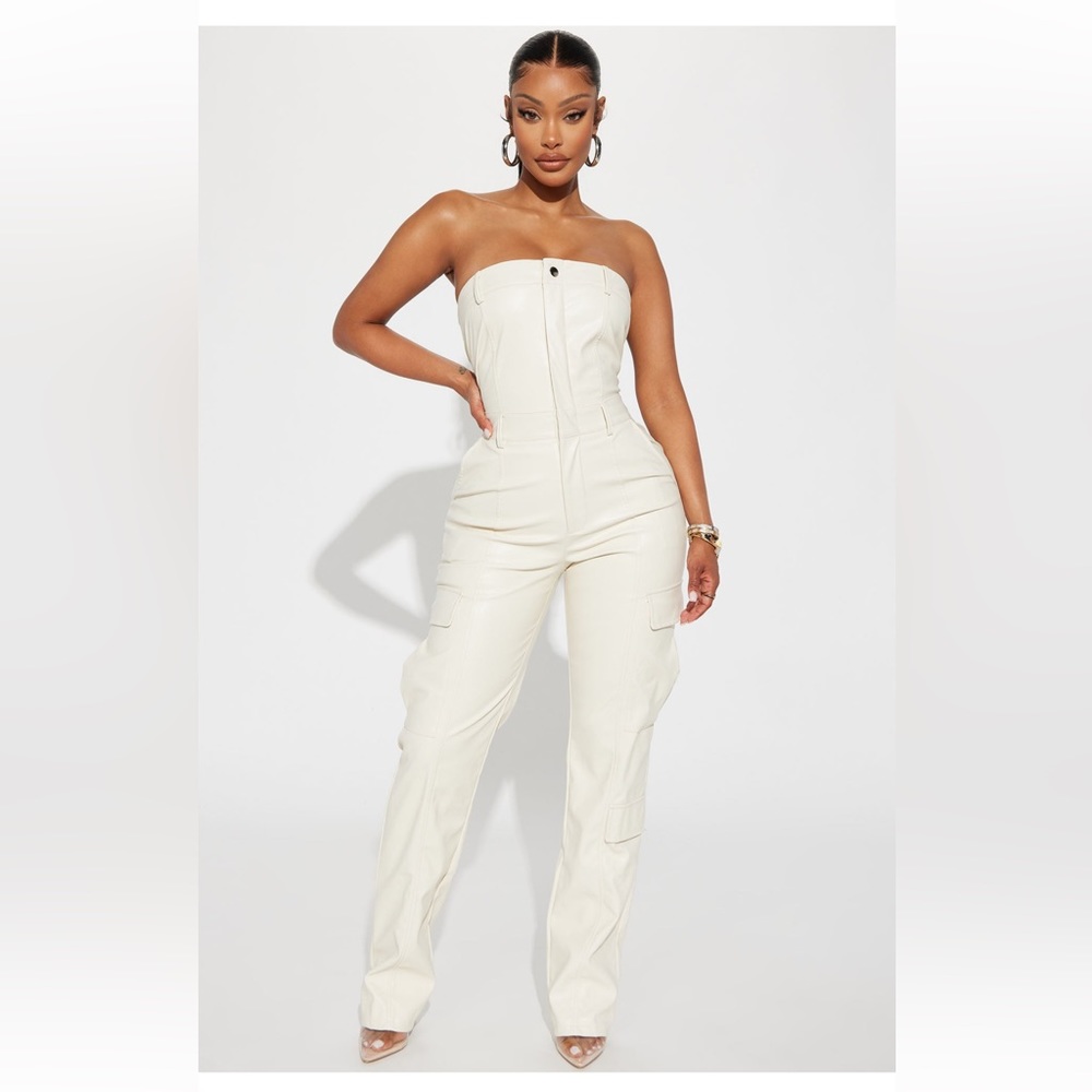 Fashion Nova Strapless Cream Utility Cargo Jumpsuit